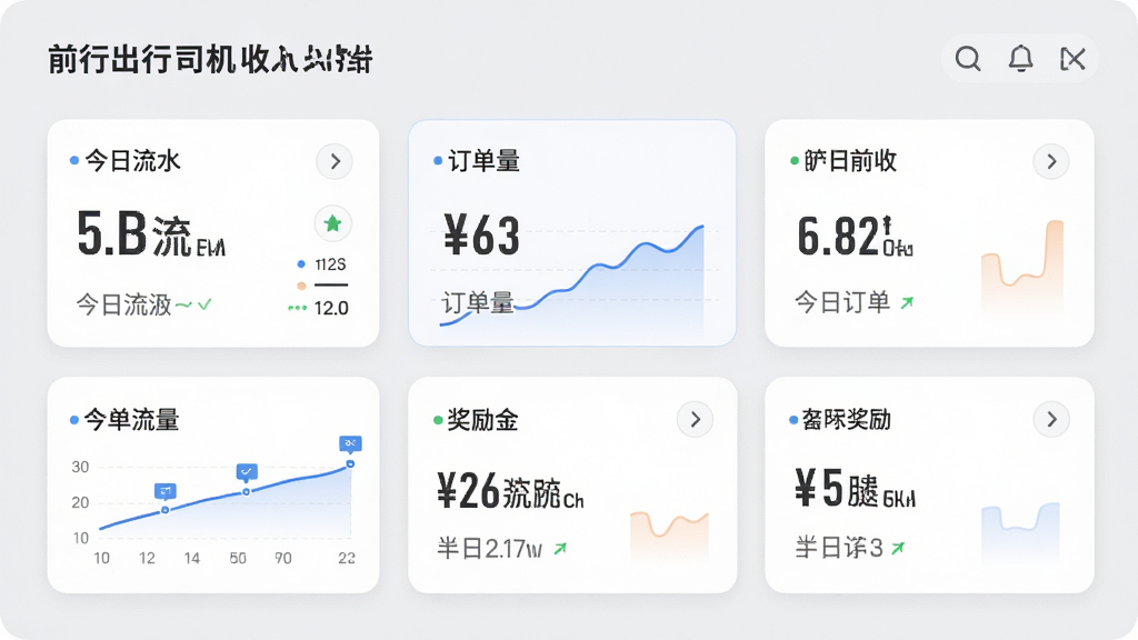 前行出行司机端收入统计页面,展示今日流水、订单量、奖励金等数据图表,背景为浅灰色调,卡片式布局,数据清晰,风格简约,画质细腻,干净无多余元素