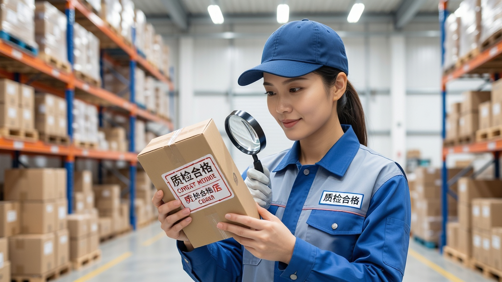 展示质检员在明亮仓库中检查商品,主体为质检员手持商品仔细查看,布局居中,排版专业,风格写实,细节包含“质检合格”标签,画质高清,干净,无多余元素