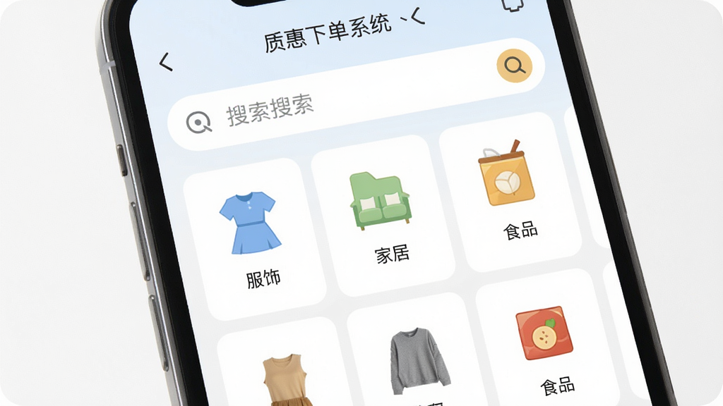 手机界面展示质惠下单系统App选品页面,主体为商品分类网格与搜索框,布局简洁,排版清爽,风格现代,细节包含“服饰”“家居”“食品”等图标,画质高清,干净,无多余元素