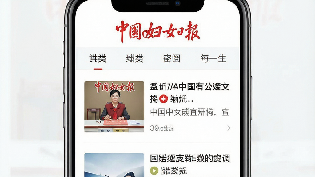 中国妇女报客户端界面展示,主体为手机屏幕上的新闻列表,布局清晰,排版现代简约,风格明亮清新,细节包括红色报头logo和分类导航栏,画质高清,干净,无多余元素