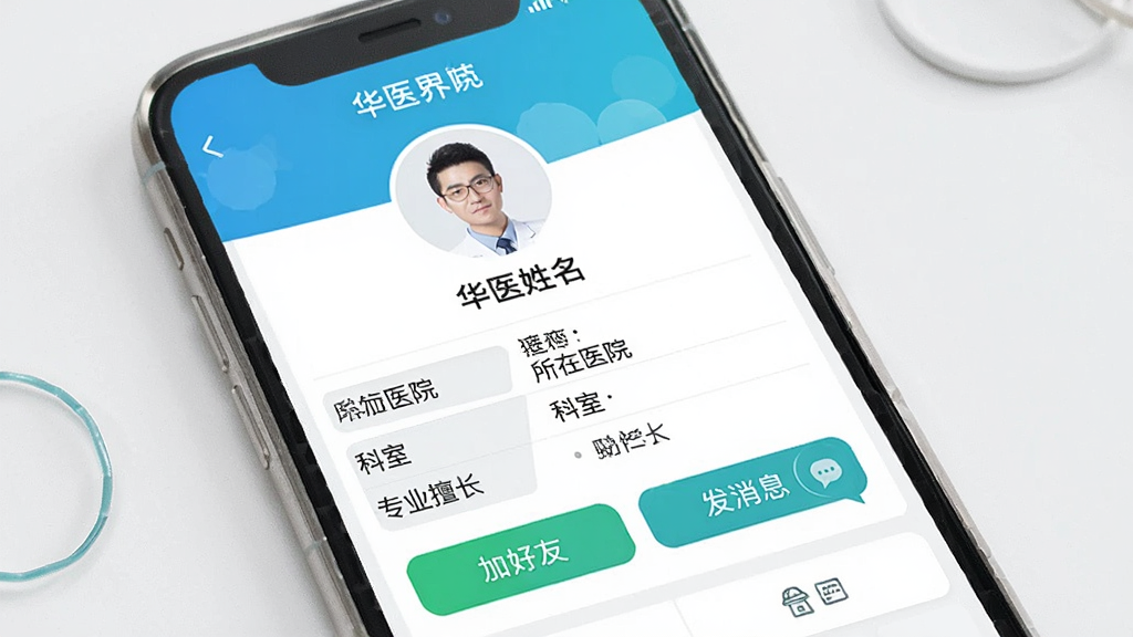 һ��չʾ��ҽ��App��ҽʦ��������ҳ���ͼƬ��ҳ�����ҽʦ����������ҽԺ�����ҡ�רҵ�ó�����Ϣ�������С��Ӻ��ѡ��͡�����Ϣ����ť����������ˬ����Ϣ���ֺ����������������޶���װ�Ρ�