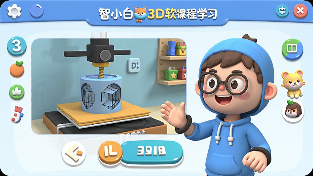 ��С��3D�����γ�ѧϰ���棬��ʾ3D��ӡ��ѧ��Ƶ�뻥����ť��ɫ�����ޣ���ͨ��񣬽���ɾ���ϸ�ڷḻ�����廭��