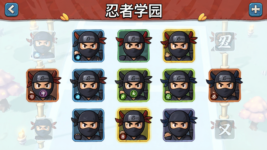 一张“忍者学园”的阵容搭配界面截图,忍者头像排列成阵型,属性克制图标高亮显示,UI设计简洁明了,游戏画面采用卡通渲染风格,颜色对比鲜明,干净,无多余元素