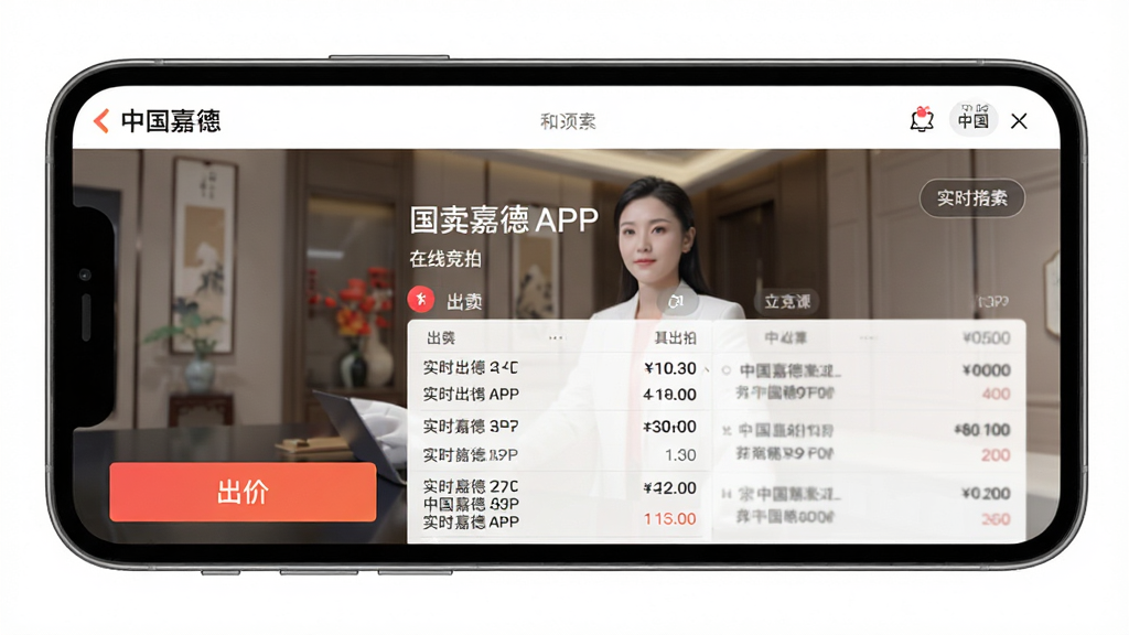 一幅展示中国嘉德APP在线竞拍界面的图片,主体是手机屏幕上的拍卖直播画面,左下角有“出价”按钮,布局清晰,排版简洁,风格现代,细节包括实时出价记录列表,画质高清,干净,无多余元素