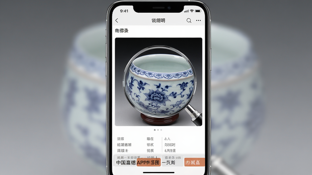 展示中国嘉德APP电子图录功能的手机截图,主体是高清瓷器图片放大细节,布局居中,排版清爽,风格写实,细节包含底部文字说明栏,画质清晰,干净,无多余元素
