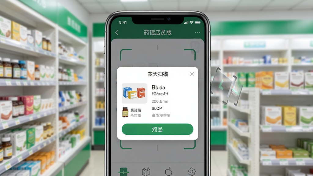 ҩ�ŵ�Ա��APP�����ͼ��չʾҩƷɨ�蹦�ܣ��ֻ���Ļ����������ҩƷ��Ϣ����������Ϊҩ����ܣ����дʵ������������ϸ�ڷḻ�����ʸɾ��޶���Ԫ��