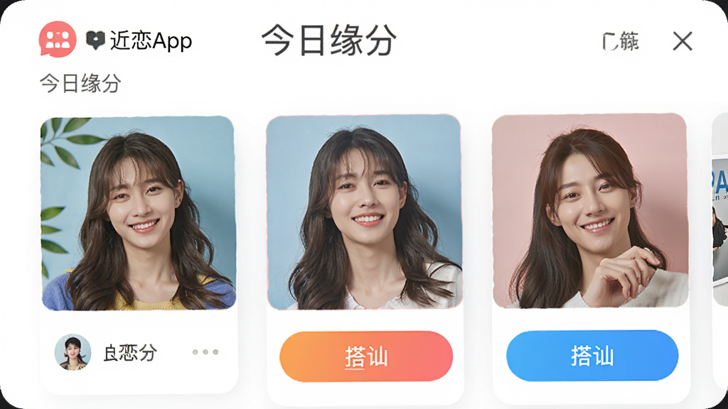 ����App����Ե��ҳ�棬չʾƥ���û���Ƭ�͡���ڨ����ť�������࣬ɫ�����������ʸ��壬�ɾ��޶���Ԫ��