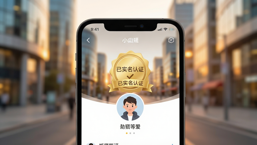 一张智能手机屏幕特写,屏幕上清晰显示等爱APP的个人资料界面,包含醒目的“已实名认证”金色徽章和用户头像,背景是虚化的现代城市街景,暖色调光线,营造出信任与温暖的氛围,画面干净,无多余元素,高画质