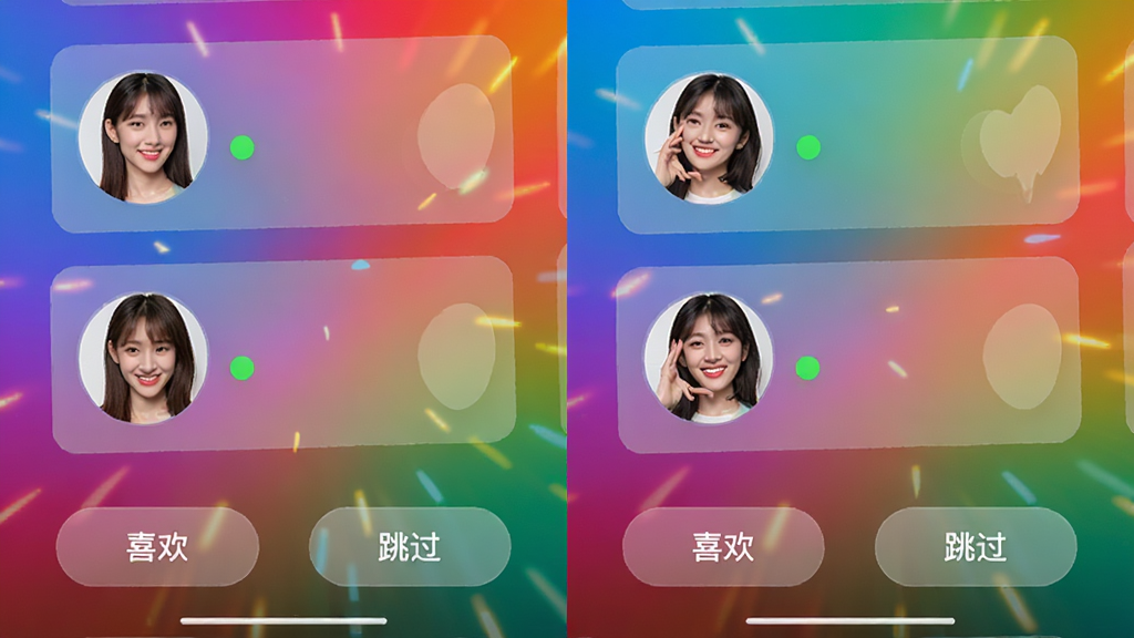 等爱APP的搭讪广场界面截图,屏幕上展示多张用户卡片,每张卡片有头像和在线状态绿点,底部有“喜欢”和“跳过”两个半透明按钮,背景是多彩渐变光效,画面动感,突出互动乐趣,高画质,干净无杂乱元素