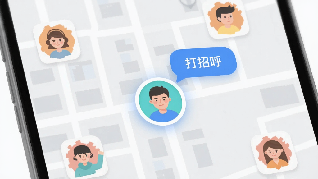 手机地图风格界面,等爱APP的附近页面显示多个头像分布在街区地图上,其中一个头像高亮并出现“打招呼”气泡,背景是简约的浅灰色地图线条,整体设计扁平清新,画质干净,无多余元素