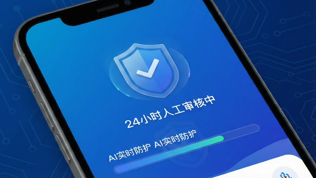 等爱APP的安全中心界面,展示“24小时人工审核中”的盾牌图标和“AI实时防护”进度条,背景为科技感蓝色渐变,配以细微的电路纹理,风格简洁专业,画质高清,无多余元素