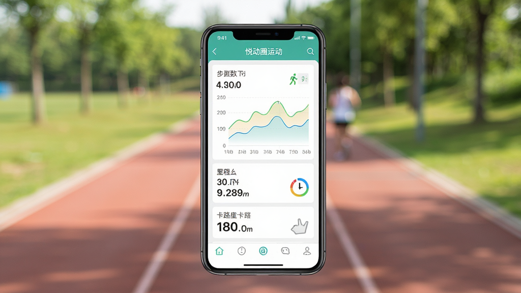 悦动圈运动记录界面,主体为一部手机展示运动数据,背景为户外公园跑道,布局简洁,手机居中,数据图表清晰,风格清新自然,细节包括步数、里程、卡路里等数字,画质高清干净,无多余元素