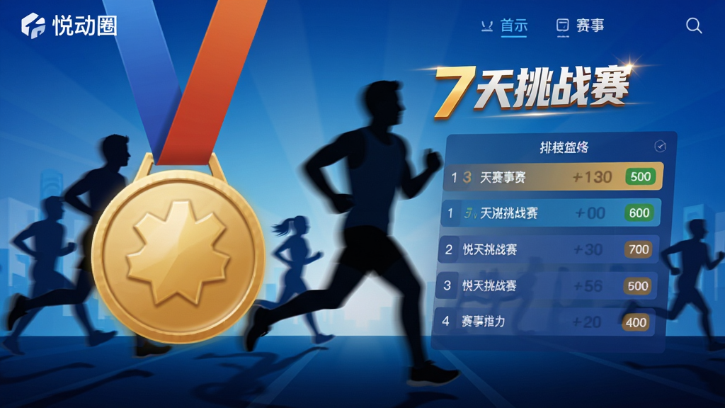 悦动圈赛事页面,主体为赛事奖牌与排行榜界面,背景为跑步人群剪影,布局层次分明,风格动感,细节包括“7天挑战赛”字样,画质干净有活力,无多余元素