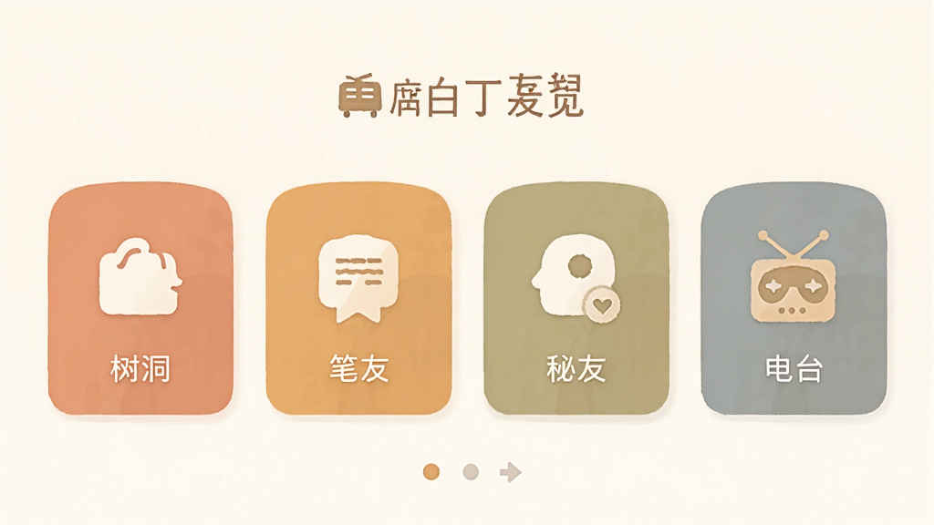 白丁友记应用主界面预览图,展示树洞、笔友、秘友、电台等核心功能入口,采用温暖柔和的色调,整体布局清晰,扁平化设计风格,画质干净无多余元素