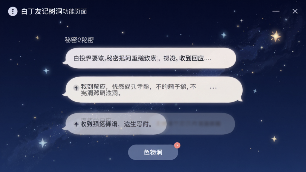 白丁友记树洞功能页面截图,展示用户投递秘密和收到回应的界面,背景为深蓝色星空风格,文字气泡柔和不刺眼,画质细腻,整体氛围安静治愈