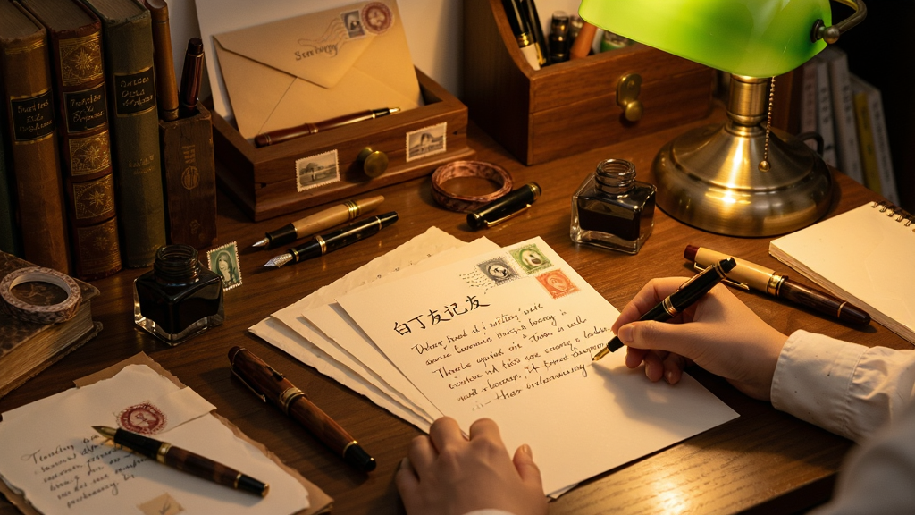 白丁友记笔友写信界面,展示挑选信纸和邮票的场景,桌面散落着各种风格的文具,暖黄色灯光营造出温馨的书写氛围,构图精美,细节丰富
