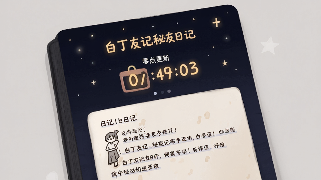 白丁友记秘友日记页面,展示零点更新的倒计时和日记内容,界面采用夜间模式,字体温暖,背景有星星点缀,营造出静谧的深夜阅读氛围,画质干净无多余元素