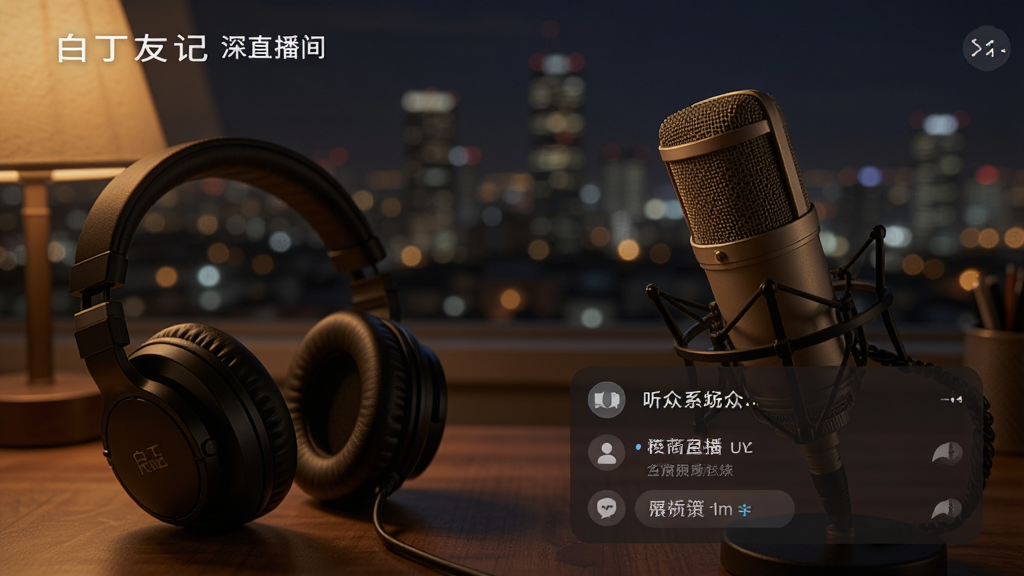 白丁友记深夜电台界面,展示主播直播间和听众互动区,背景为城市夜景,耳机和话筒特写,氛围温暖治愈,色调偏暗但光线柔和,画质清晰