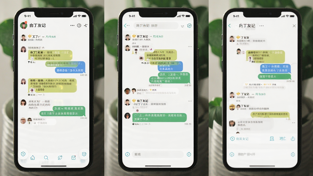 一张白丁友记用户好评截图拼贴,画面中手机屏幕展示应用内温暖对话,背景为柔光绿植,整体色调温和,画质清晰,排版整齐