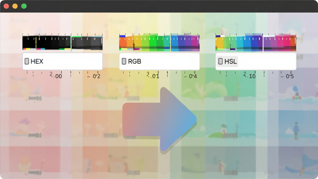 ����������д������Ϊ�߲�ˮ������ɫת��������ҳ�棬����������ʾHEX��RGB��HSL����������м�һ������ת����ͷ��ť������Ϊ��͵Ľ���ɫ�����Ű��࣬����ƽ����ϸ�ڴ���΢С��ɫֵ�̶ȳߣ����ʸ���ɾ����޶���Ԫ��