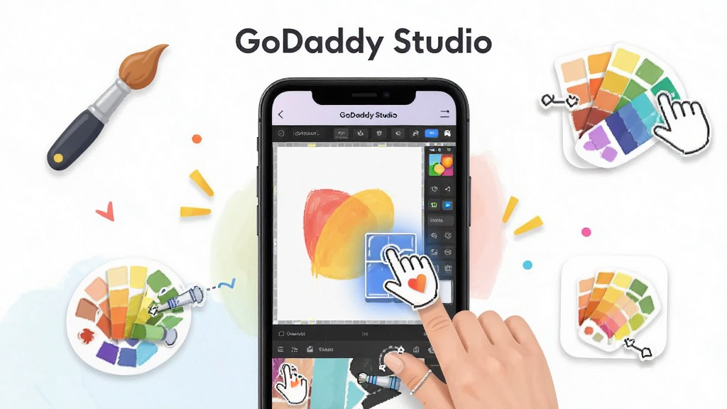 GoDaddy Studio �����罻ý�庣�����̣�����Ϊ�ֻ���Ļ��ʾ�༭���棬��Χ��׺��ˢ��ɫ��ͼ�꣬���־��У��Ű��в�Σ�����������ã�ϸ��չʾ��ק�������ƣ������������ɾ�����