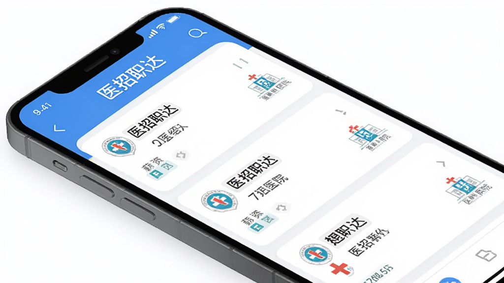 医招职达APP界面展示,主体为手机屏幕上的职位列表,布局清晰,排版简洁,风格现代扁平化,细节包括岗位名称、薪资、医院logo,画质高清,干净无多余元素,屏幕内显示文字“医招职达”