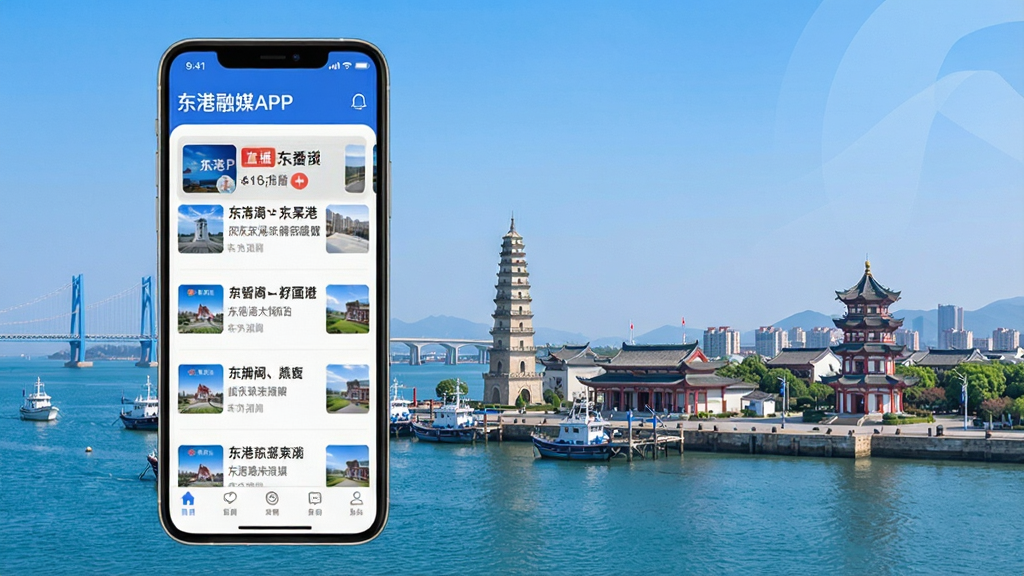 东港融媒APP手机界面展示,屏幕上有新闻列表和直播窗口,背景是东港城市地标,整体布局简洁现代,色彩以蓝色和白色为主,画质清晰,干净无多余元素