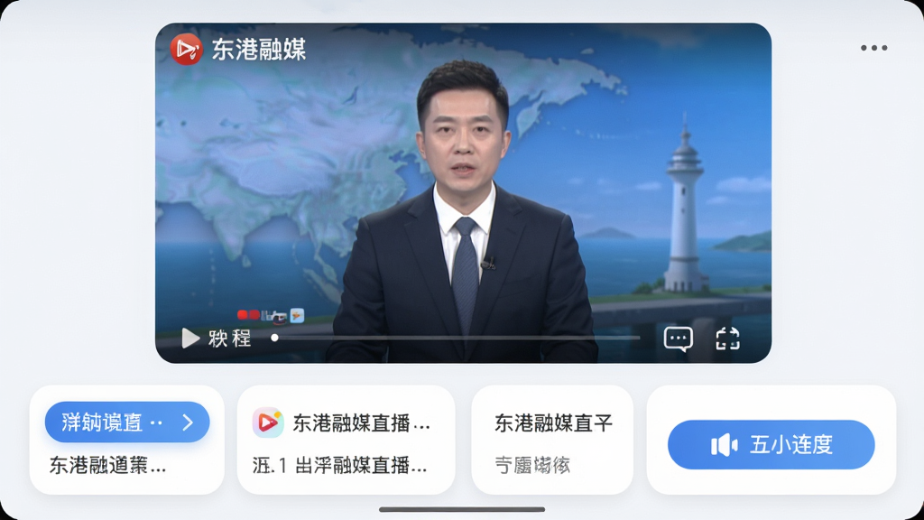 东港融媒直播界面截图,上方是视频播放窗口,下方是频道列表和互动按钮,界面采用圆角卡片设计,风格现代,画面干净,无多余元素