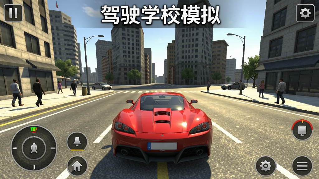 ��ʻѧУģ����Ϸ��ͼ������������һ����ɫ�ܳ�ͣ�ڳ��нֵ��ϣ���Χ�и�¥�����ˣ�������ʾ����ʻѧУģ�⡱���������дʵ�����߳��㣬���ʸ��壬ϸ�ڷḻ