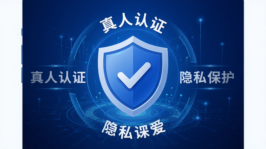 寻爱软件安全认证图标展示,盾牌形状的认证标志,周围环绕“真人认证”与“隐私保护”字样,背景为蓝色科技感,画质干净,无多余元素