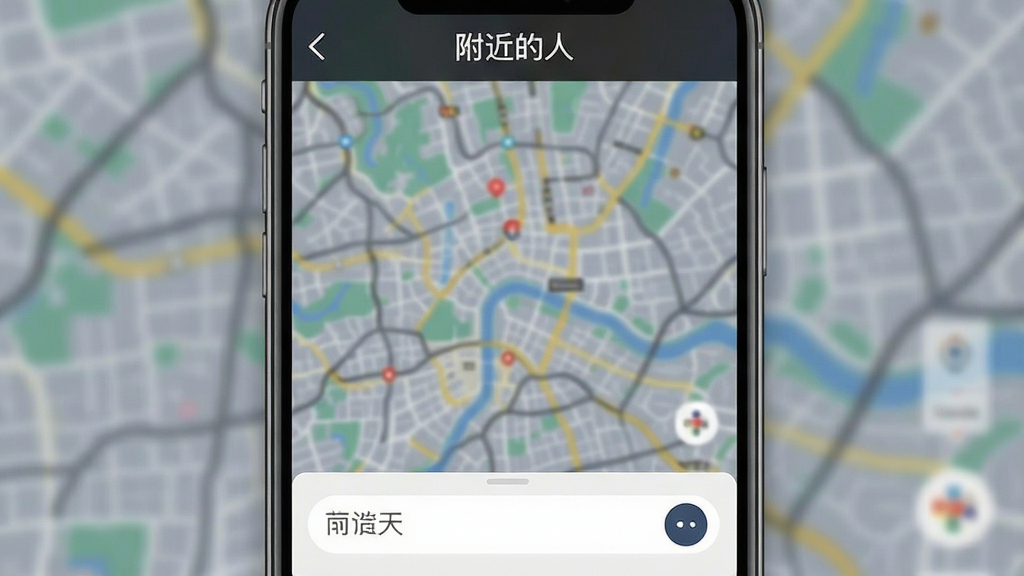 寻爱软件同城聊天对话框,背景显示模糊的城市地图,顶部标注“附近的人”,下方有文字输入框,排版简洁,画质清晰,无多余元素