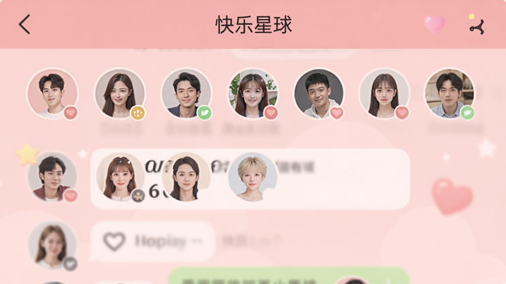 寻爱软件家族群聊页面,顶部显示家族名称“快乐星球”,成员头像排列整齐,聊天背景为温馨的粉色,画质柔和,无多余元素