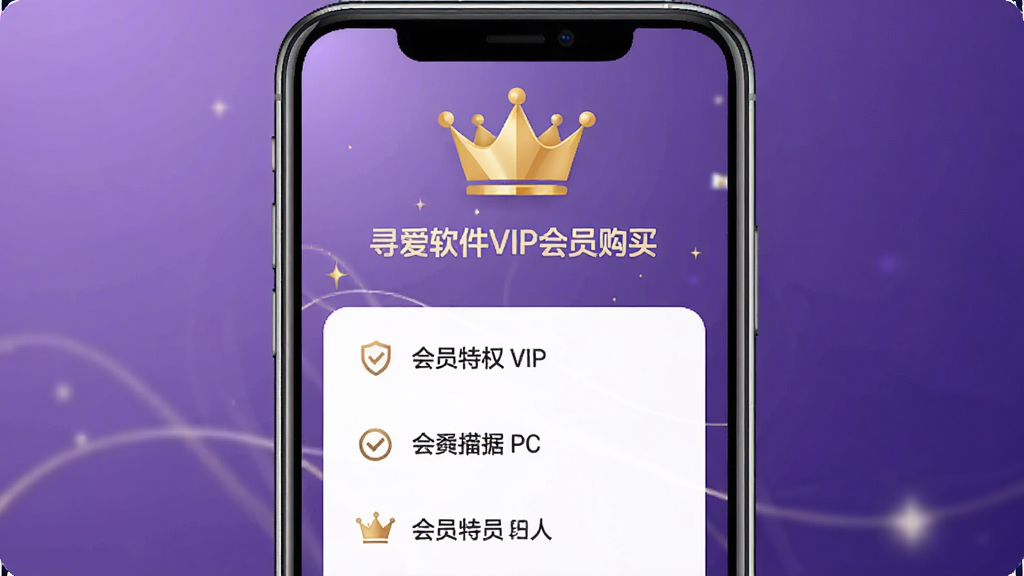 寻爱软件VIP会员购买页面,手机屏幕显示会员特权列表,配有金色皇冠图标,背景为优雅的紫色渐变,排版整洁,画质细腻,无多余元素