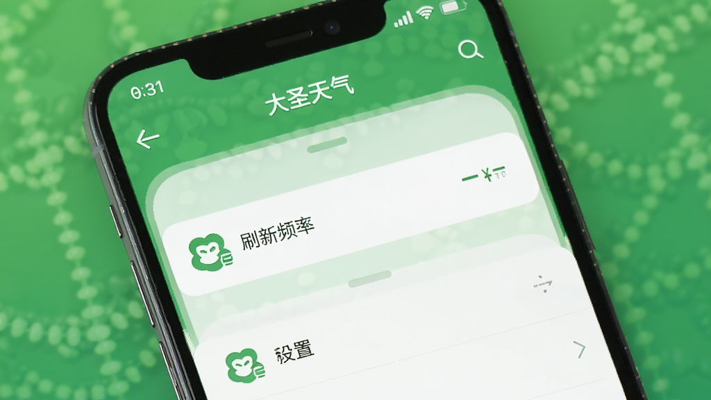 大圣天气手机省电模式设置界面,背景为绿色节能风格,主体为手机屏幕,屏幕显示大圣天气“设置”页面,包含“刷新频率”选项,文字清晰,图标简洁,布局规整,排版舒适,风格现代,细节全面,画质高清,干净无多余元素