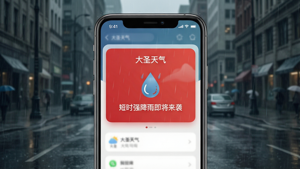 大圣天气手机应用界面展示实时降雨预警通知,背景为阴雨城市街道,主体为手机屏幕特写,屏幕中央显示“大圣天气”红色预警卡片,配以雨滴图标和“短时强降雨即将来袭”文字,布局清晰,排版简洁,风格写实,细节丰富,画质高清,干净无多余元素