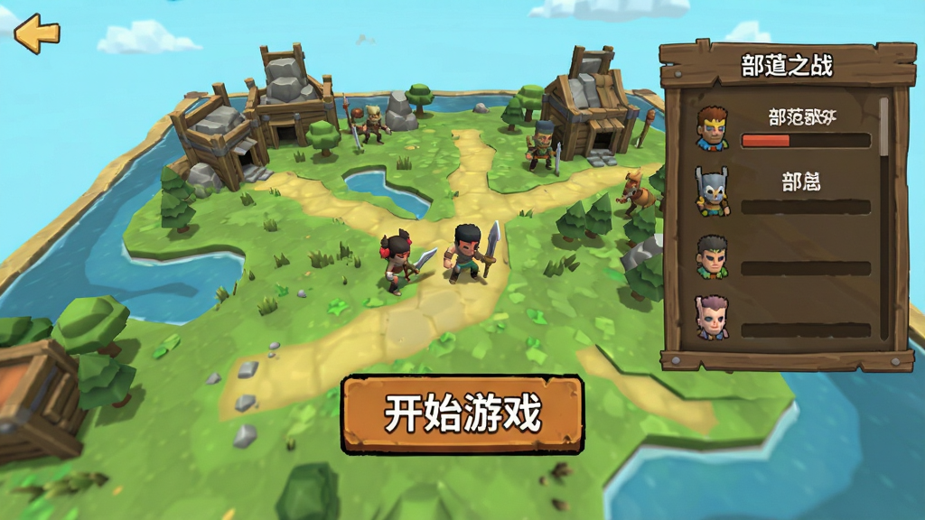 低模之战中文版游戏开始界面截图,展示“开始游戏”按钮,背景为地图,有部落选择菜单,画质清晰,无多余元素