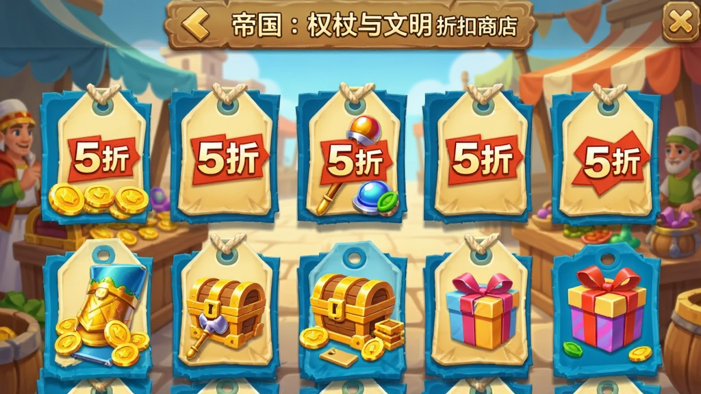 帝国:权杖与文明 折扣商店界面,画面显示多个商品标签标有“5折”字样,背景为古代市场摊位,布局横向排列,风格明亮活泼,细节有金币、宝箱、礼包图案,画质高清,干净无额外点缀