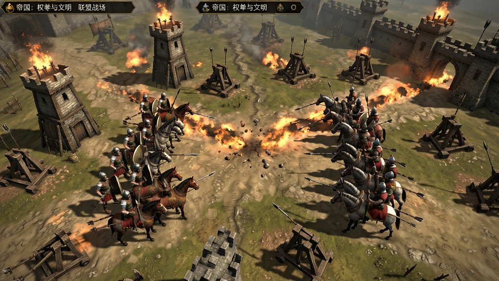 帝国:权杖与文明 联盟战场地图,画面显示两队士兵对峙,烽火连天,布局为俯视视角,风格写实,细节包含箭塔、投石车与战马,画质高,冲击力强,干净无多余UI干扰