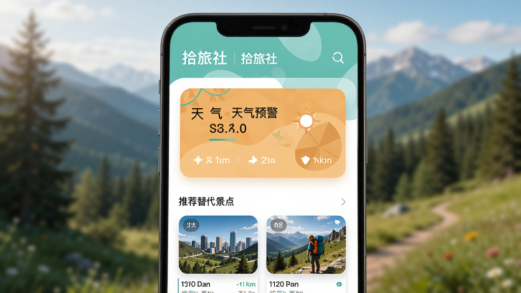 拾旅社行程调整功能示意图,手机界面展示天气预警卡片,下方推荐替代景点,背景为模糊的户外风景,采用扁平化设计,色彩清新,突出“拾旅社”品牌标识,画质干净,无多余元素