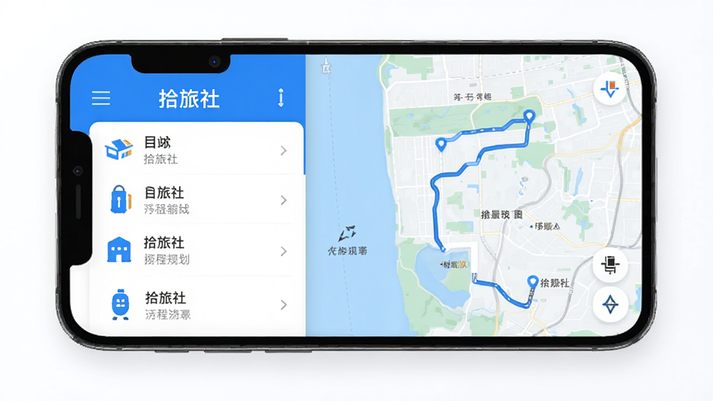 拾旅社App界面展示,手机屏幕显示行程规划页面,左侧是目的地列表,右侧是地图路线,整体采用简约现代风格,蓝色主色调,白色背景,图标清晰,文字标注“拾旅社”,画质清晰,细节丰富,无多余元素