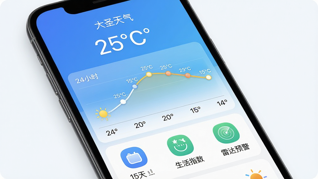 手机屏幕展示大圣天气应用主界面,界面顶部显示城市名称与实时温度“25℃”,中部为24小时温度曲线图,底部排列“15天”、“生活指数”、“雷达预警”等功能图标,整体风格简洁清爽,以蓝白渐变为主色调,图标圆润,文字清晰,画质干净无多余元素