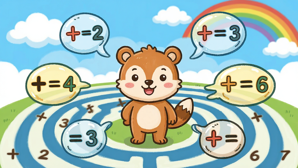 一幅色彩明快的儿童数学游戏界面,主体是一个可爱的卡通动物角色站在数字迷宫中央,周围漂浮着加减法算式气泡,背景是蓝天白云和彩虹,布局以角色为中心向四周延伸,排版简洁明快,风格偏卡通手绘,细节丰富,数字和符号清晰可见,画质高清干净,无多余元素