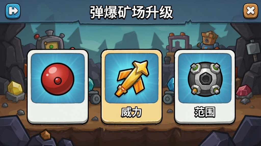 弹爆矿场升级界面,三选一卡片,弹球、威力、范围图标,矿场背景,卡通风格,UI清晰,画质干净,无多余元素