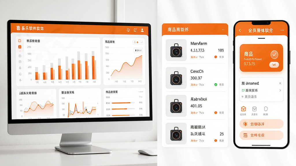 喜乐伴软件的功能展示图,左侧是数据图表,右侧是商品列表和会员卡界面,整体布局合理,主色调为橙色与白色搭配,现代商务风格,细节精致,画质清晰,无多余元素