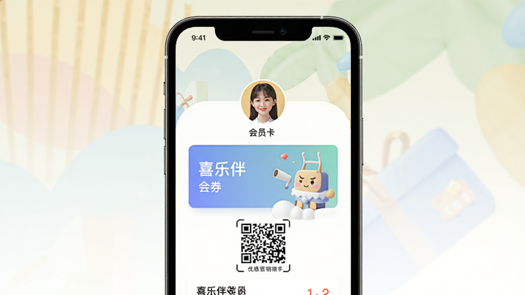 喜乐伴会员营销界面设计图,手机屏幕展示会员卡券和优惠活动推送,背景柔和,色彩明快,会员头像与二维码元素清晰可见,布局简洁大方,画质干净无多余元素