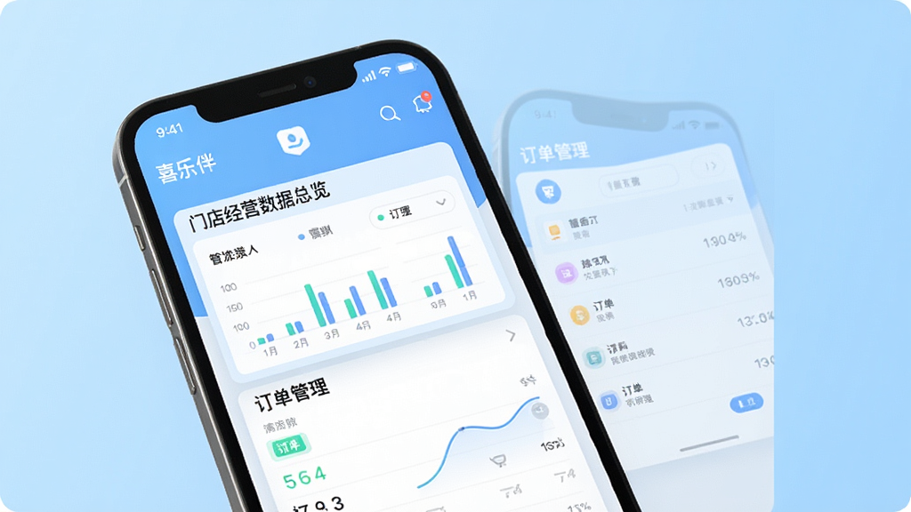 一款名为“喜乐伴”的移动管理软件界面,手机屏幕上清晰展示“门店经营数据总览”和“订单管理”模块,界面干净整洁,背景为浅蓝色渐变,扁平化设计风格,高清画质,无多余文字