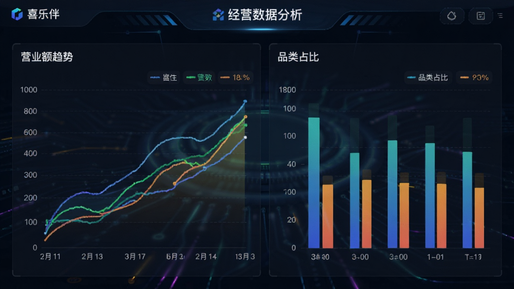 喜乐伴软件中关于经营数据分析的界面,包含彩色折线图和柱状图,展示营业额趋势和品类占比,背景为深色科技感界面,数据清晰易读,风格专业,细节丰富,画质高清,无多余元素