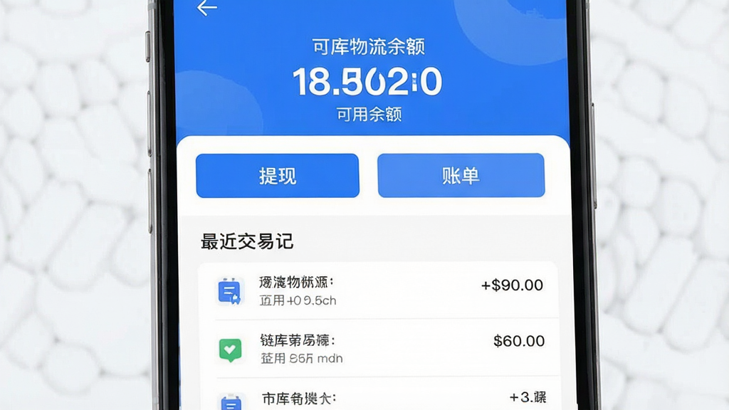 链库物流钱包页面设计图,顶部显示可用余额数字,下方有“提现”和“账单”两个功能按钮,最近交易记录列表清晰可见,页面风格简约,蓝色点缀,高清晰度