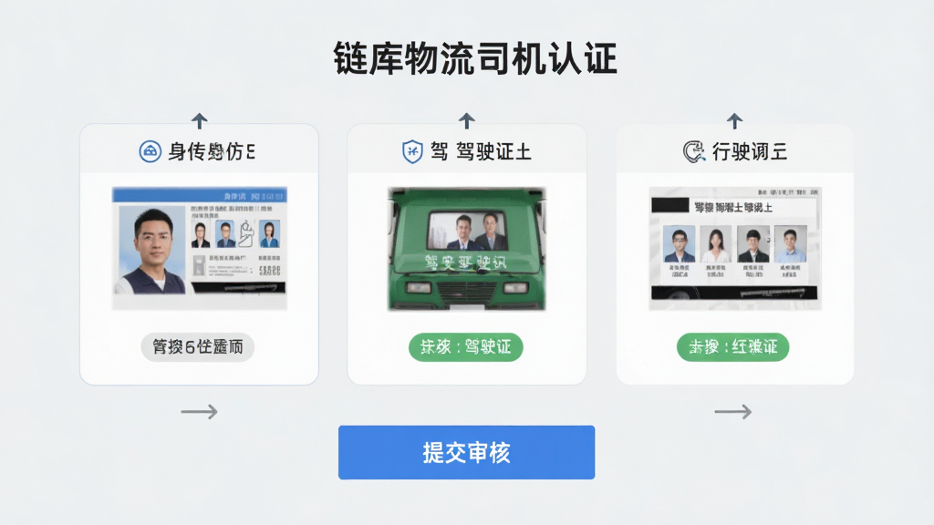 链库物流司机认证页面,显示上传身份证、驾驶证、行驶证的照片上传区域,底部有“提交审核”蓝色按钮,界面清晰,步骤指示明确,浅灰背景,扁平化设计,高清画质