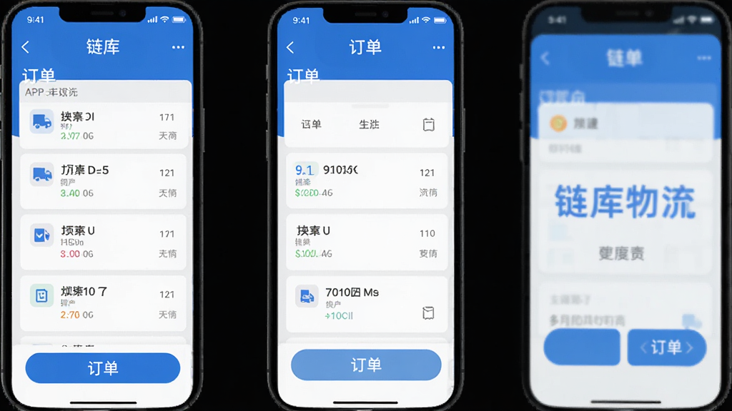 链库物流APP主界面,展示订单列表与抢单按钮,界面简洁,蓝色主色调,扁平化设计,高清画质,干净无多余元素